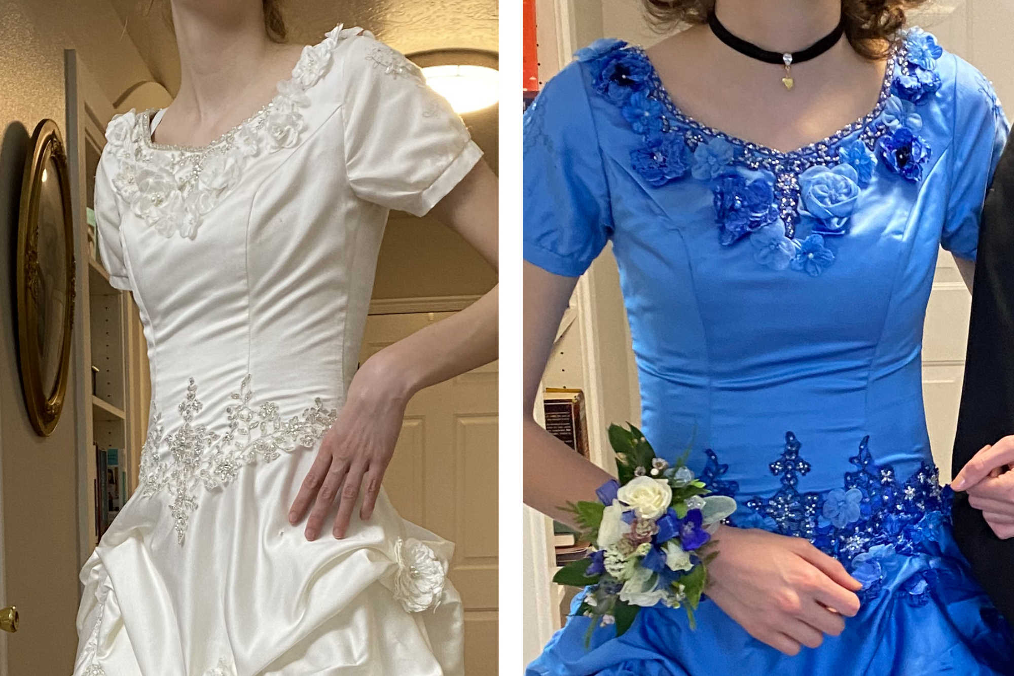 On the left, a secondhand wedding dress from DI. On the right, the same dress dyed blue.